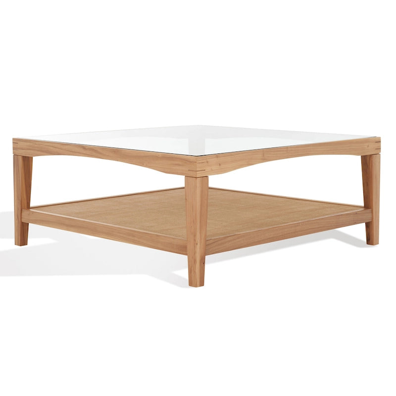 Mesa de centro cuadrada de cristal con estructura de madera de olmo - 40 An x 40 Pr x 17 Al