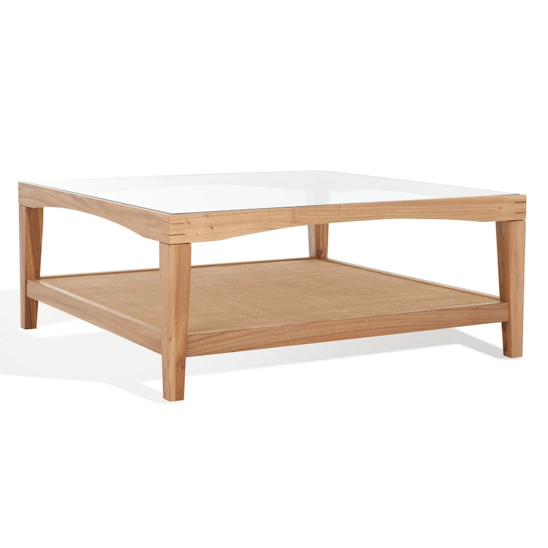 Mesa de centro cuadrada de cristal con estructura de madera de olmo - 40 An x 40 Pr x 17 Al
