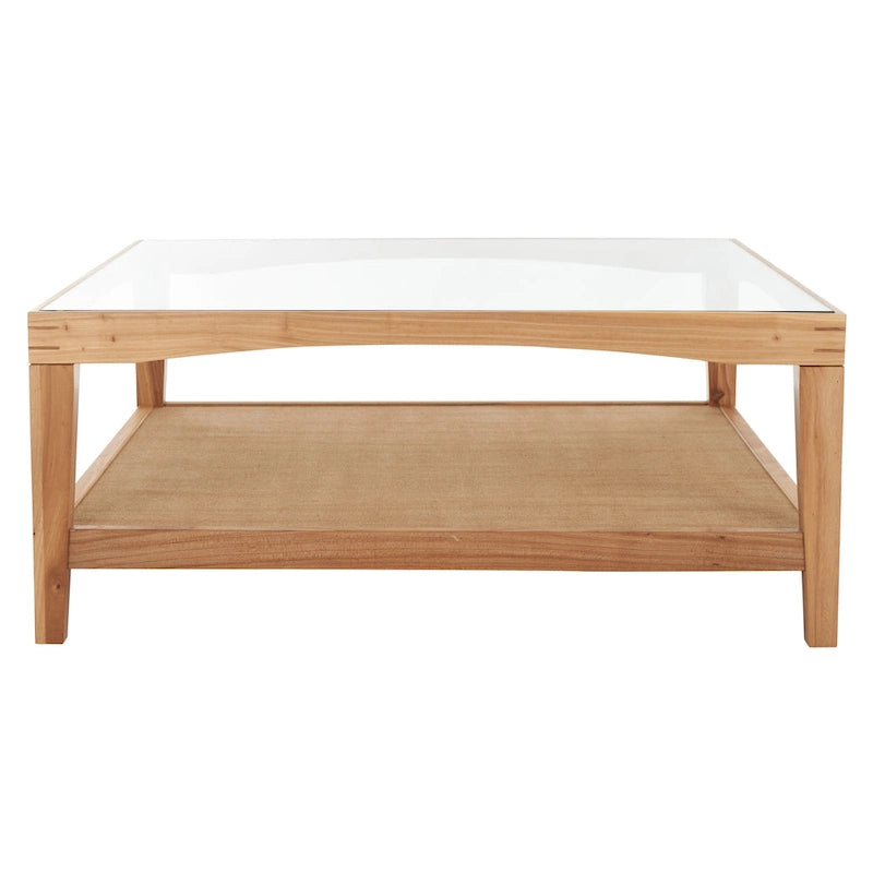 Mesa de centro cuadrada de cristal con estructura de madera de olmo - 40 An x 40 Pr x 17 Al