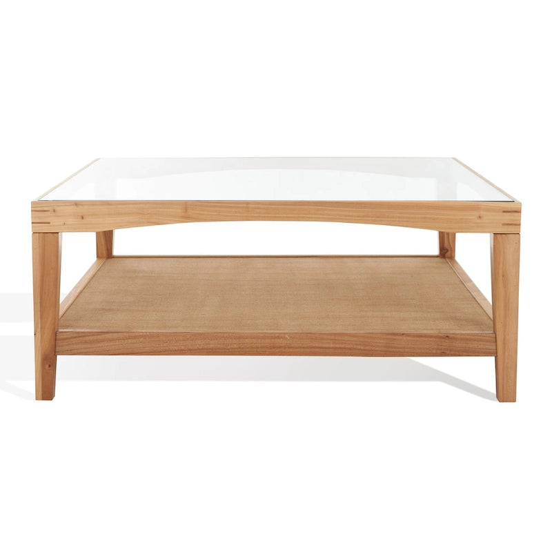 Mesa de centro cuadrada de cristal con estructura de madera de olmo - 40 An x 40 Pr x 17 Al