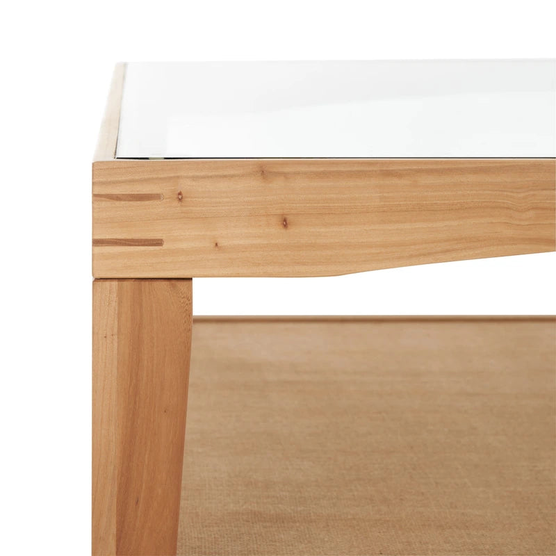 Mesa de centro cuadrada de cristal con estructura de madera de olmo - 40 An x 40 Pr x 17 Al