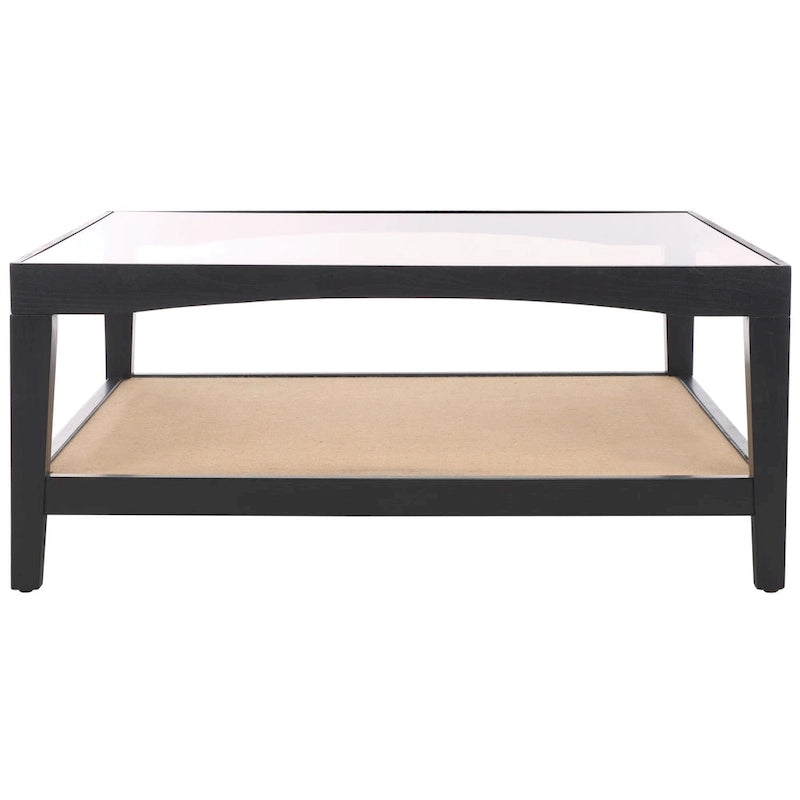 Mesa de centro cuadrada de cristal con estructura de madera de olmo - 40 An x 40 Pr x 17 Al